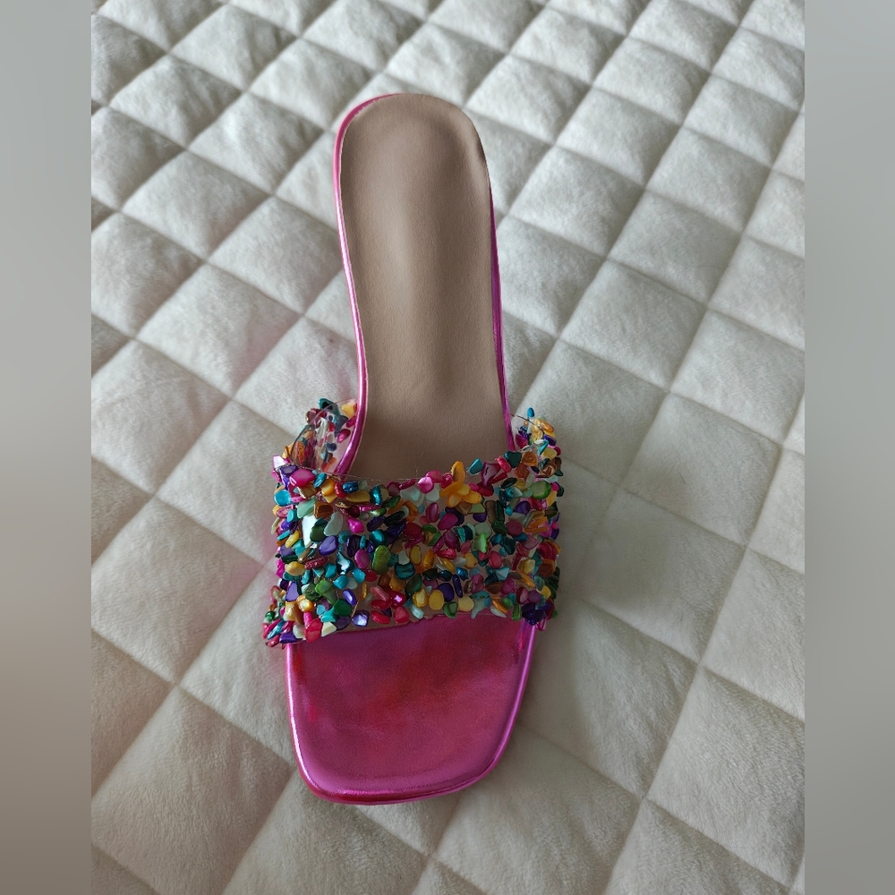 Pink Colorful Beaded Square Toe Slide Sandals Clear Heel